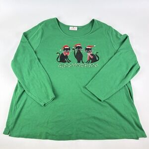 Quacker Factory Christmas Cats Green L/S Shirt *No Size Tag Holiday Embroidered